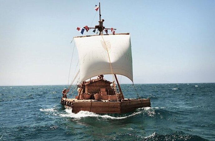 The Kon Tiki, sailing across the Pacific Ocean